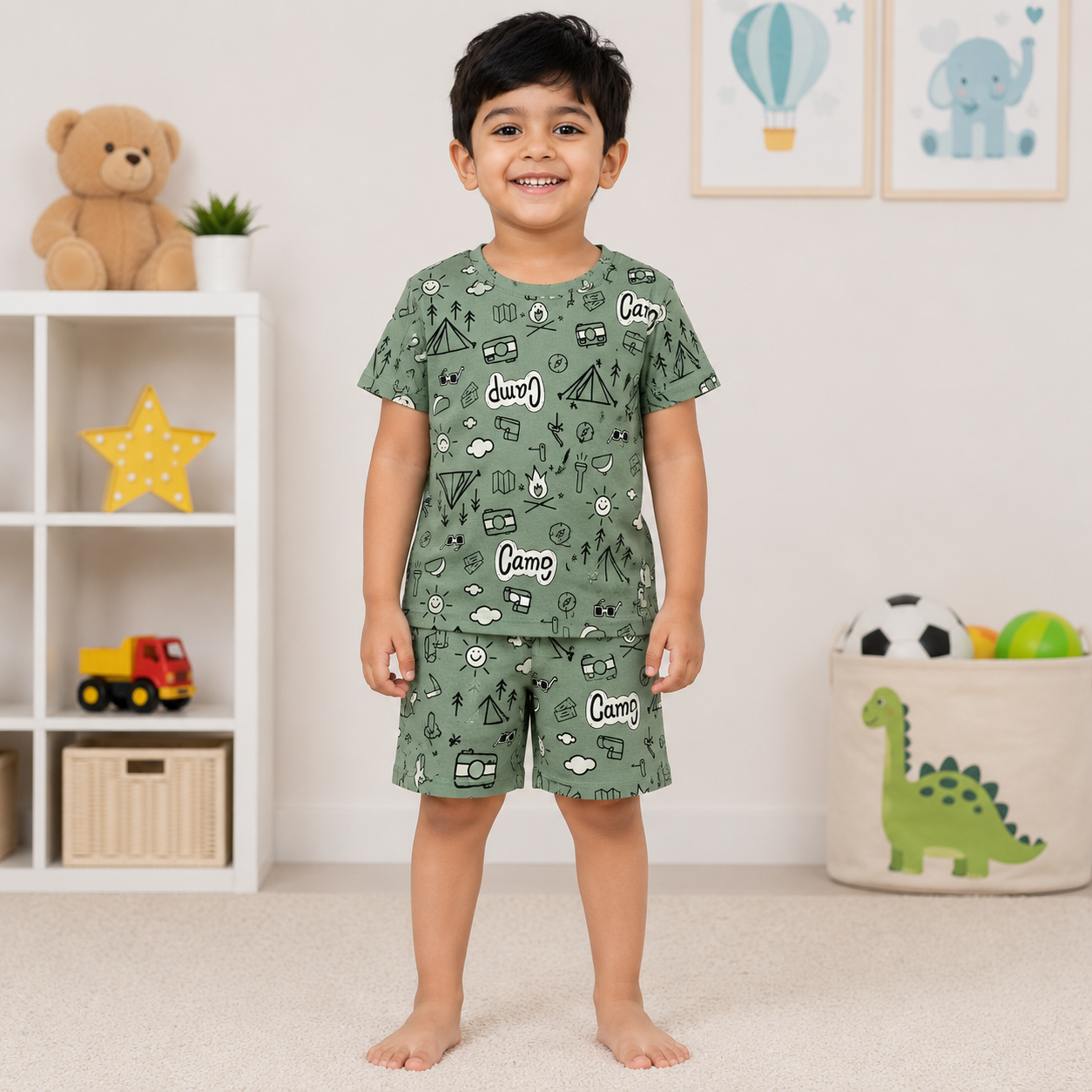 Camping Print T-Shirt & Shorts Set – Olive Green