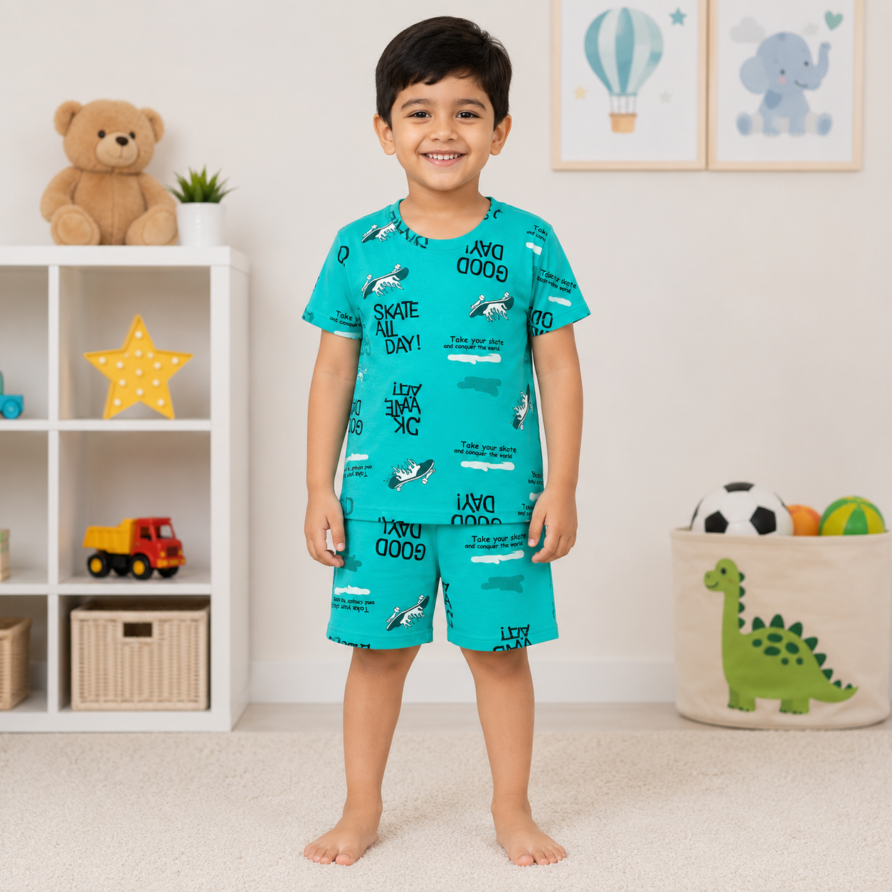Skate Print T-Shirt & Shorts Set – Teal