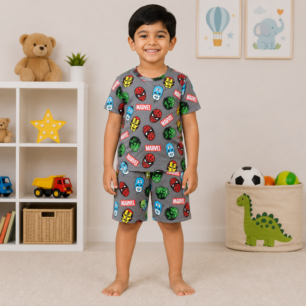 Superhero Print T-Shirt & Shorts Set – Grey