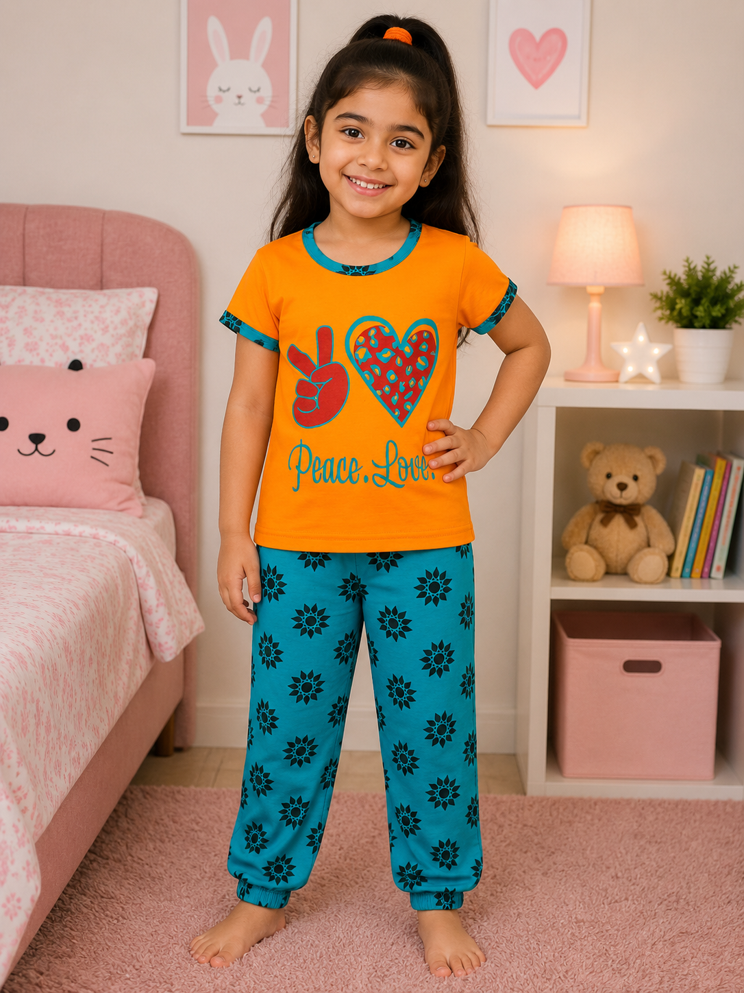 Peace & Love Orange T-Shirt with Teal Printed Pant Set
