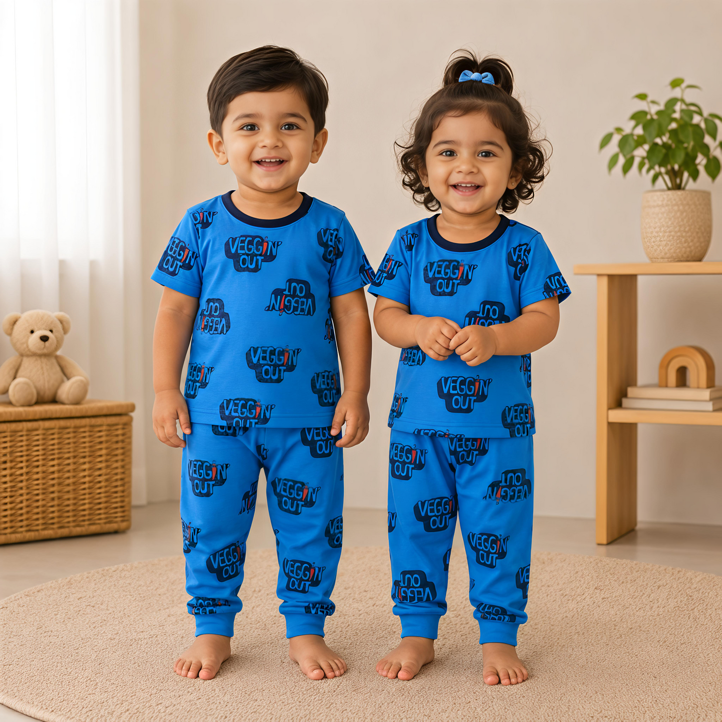 Veggin' Out Blue Cotton Co-Ord Set for Kids