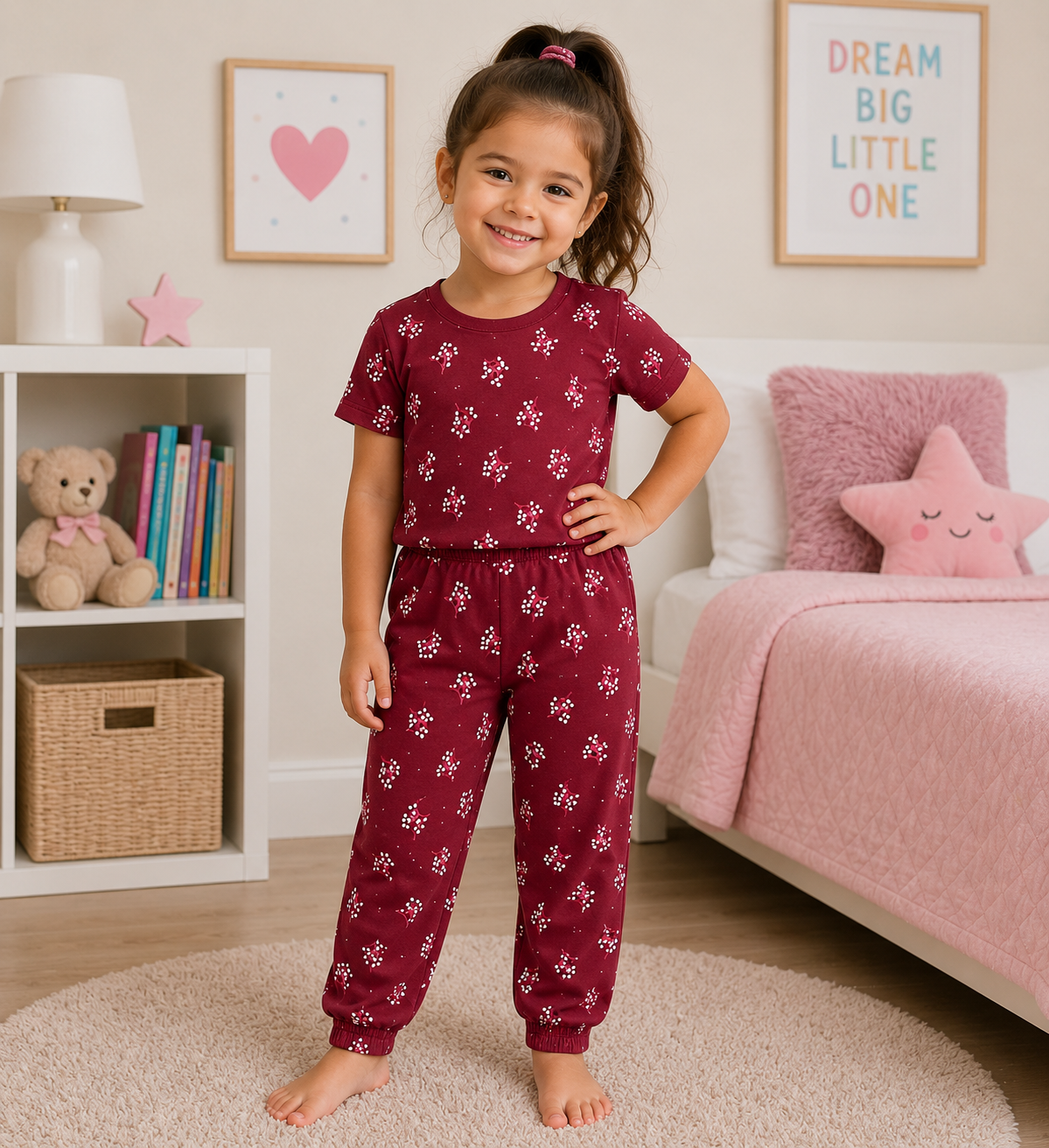 Maroon Mini Print Girls T-Shirt & Pant Set