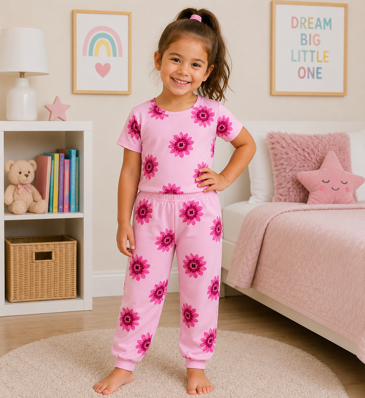 Pink Floral Print Girls T-Shirt & Pant Set