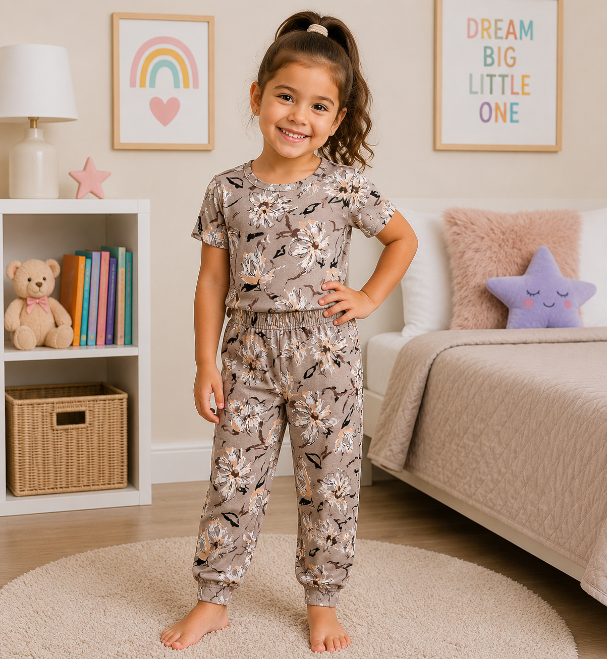 Taupe Floral Print Girls T-Shirt & Pant Set