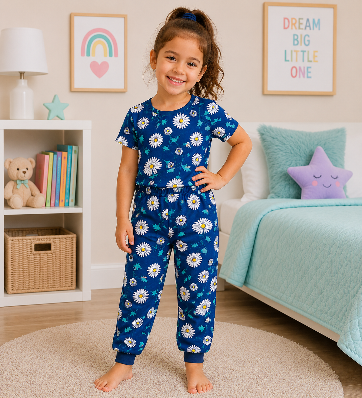 Navy Blue Daisy Print Girls T-Shirt & Pant Set