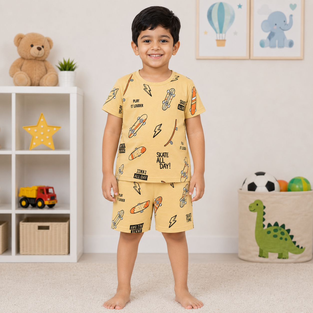 Skateboard Print T-Shirt & Shorts Set – Mustard