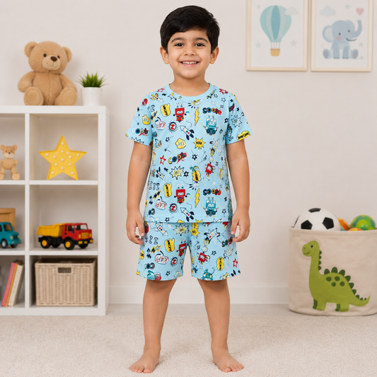 Comic Print T-Shirt & Shorts Set – Sky Blue