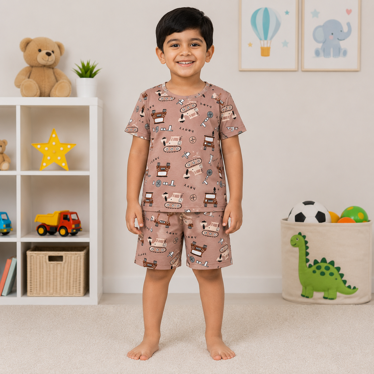 Construction Print T-Shirt & Shorts Set – Brown