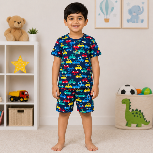 Colourful Cars Print T-Shirt & Shorts Set – Navy Blue