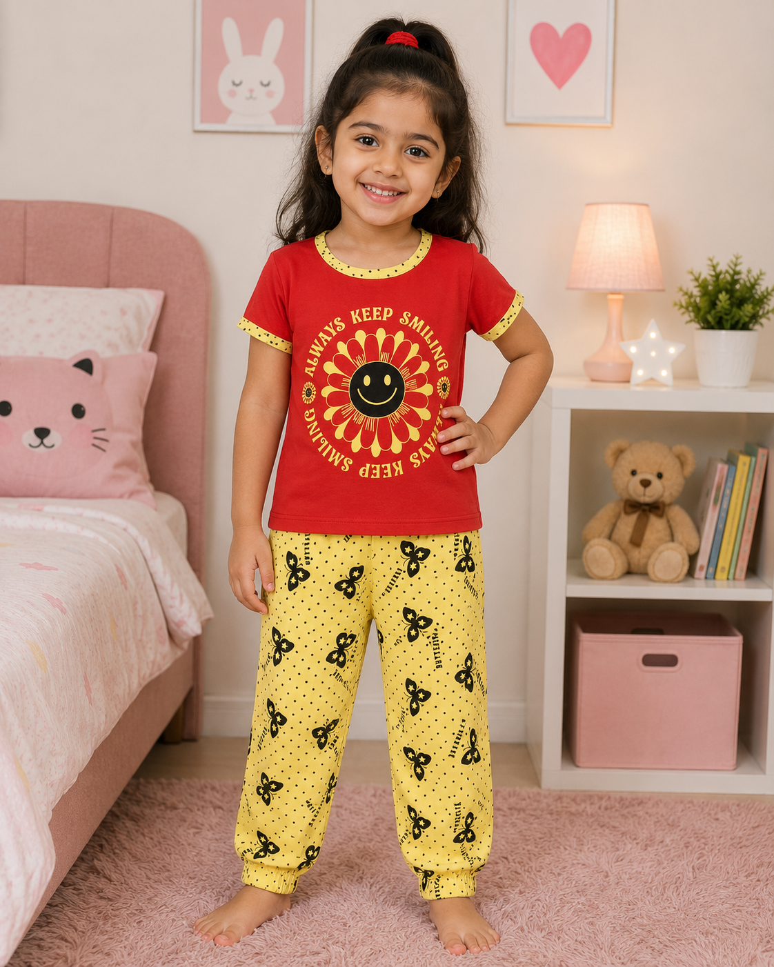 Keep Smiling Red T-Shirt with Yellow Butterfly Pant Set