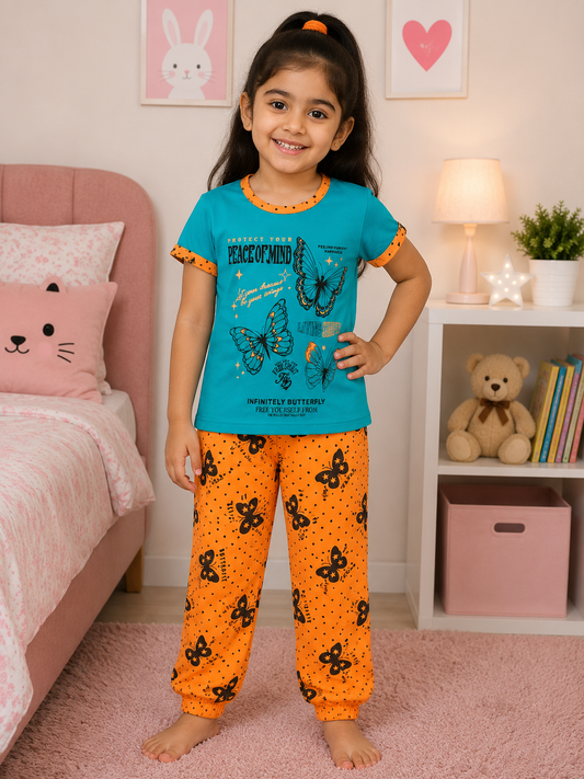 Butterfly Dreams Blue T-Shirt with Orange Printed Pant Set