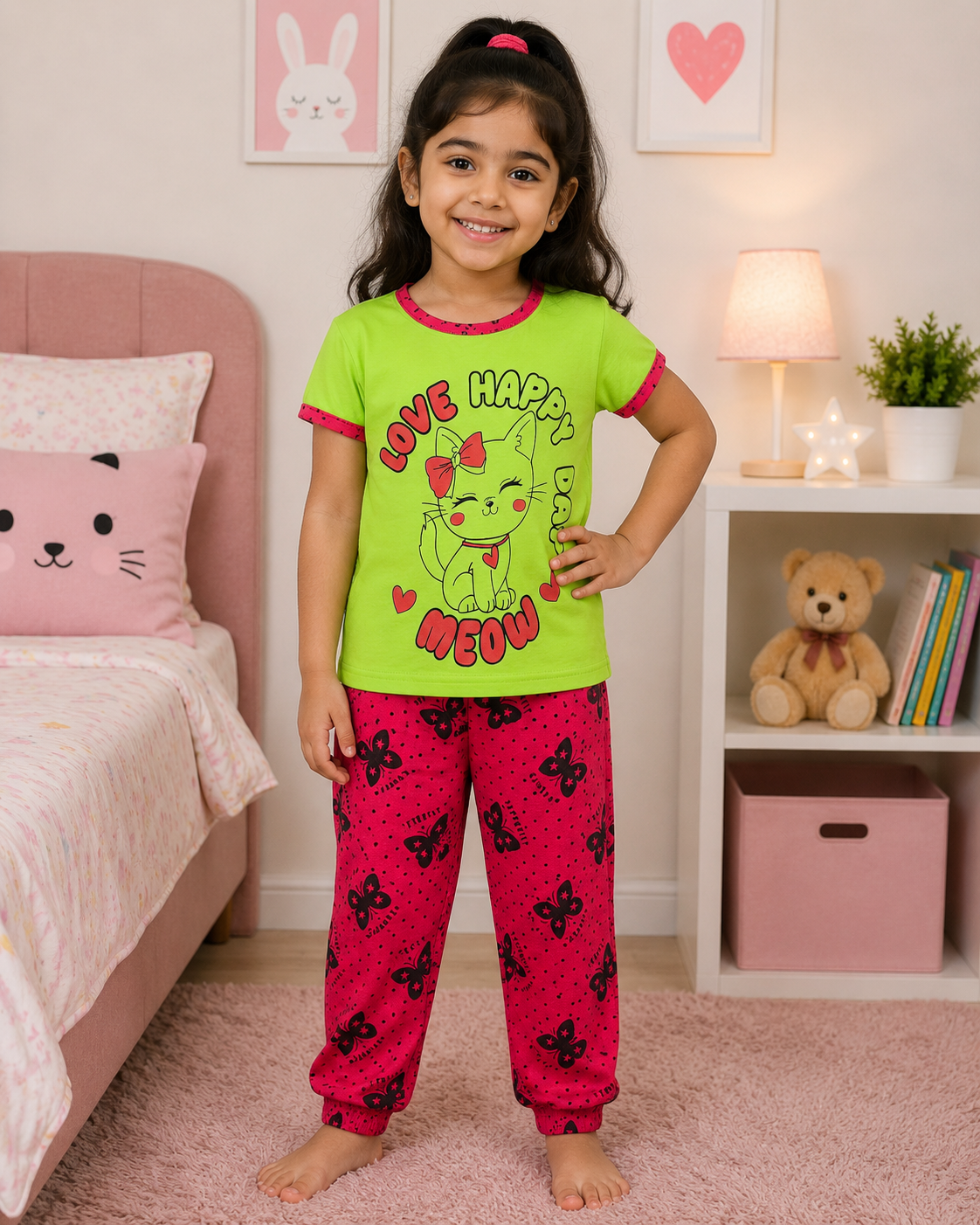 Happy Meow Green T-Shirt with Pink Butterfly Pant Set