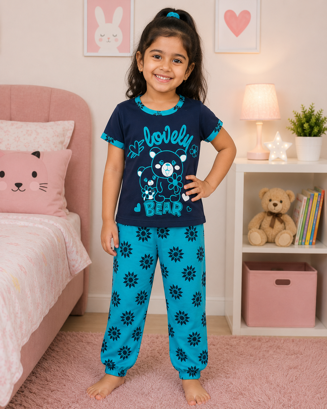 Lovely Bear Navy T-Shirt with Blue Printed Pant Set