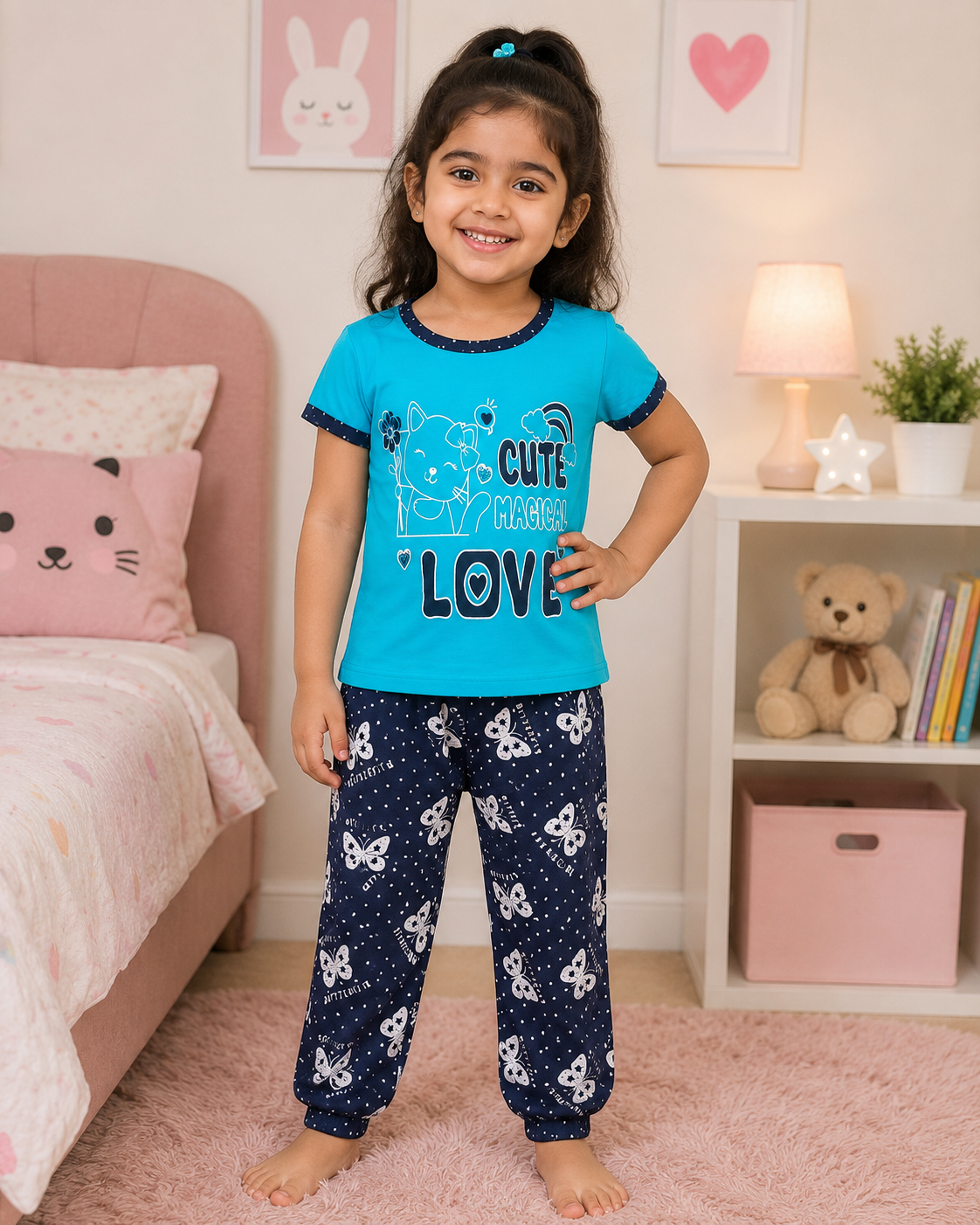 Cute Magical Love Blue T-Shirt with Navy Butterfly Pant Set