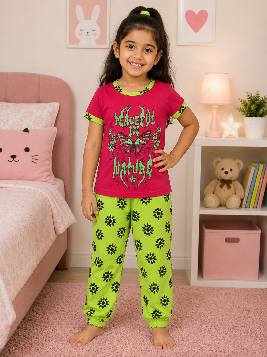 Peaceful Nature Pink T-Shirt with Green Printed Pant Set