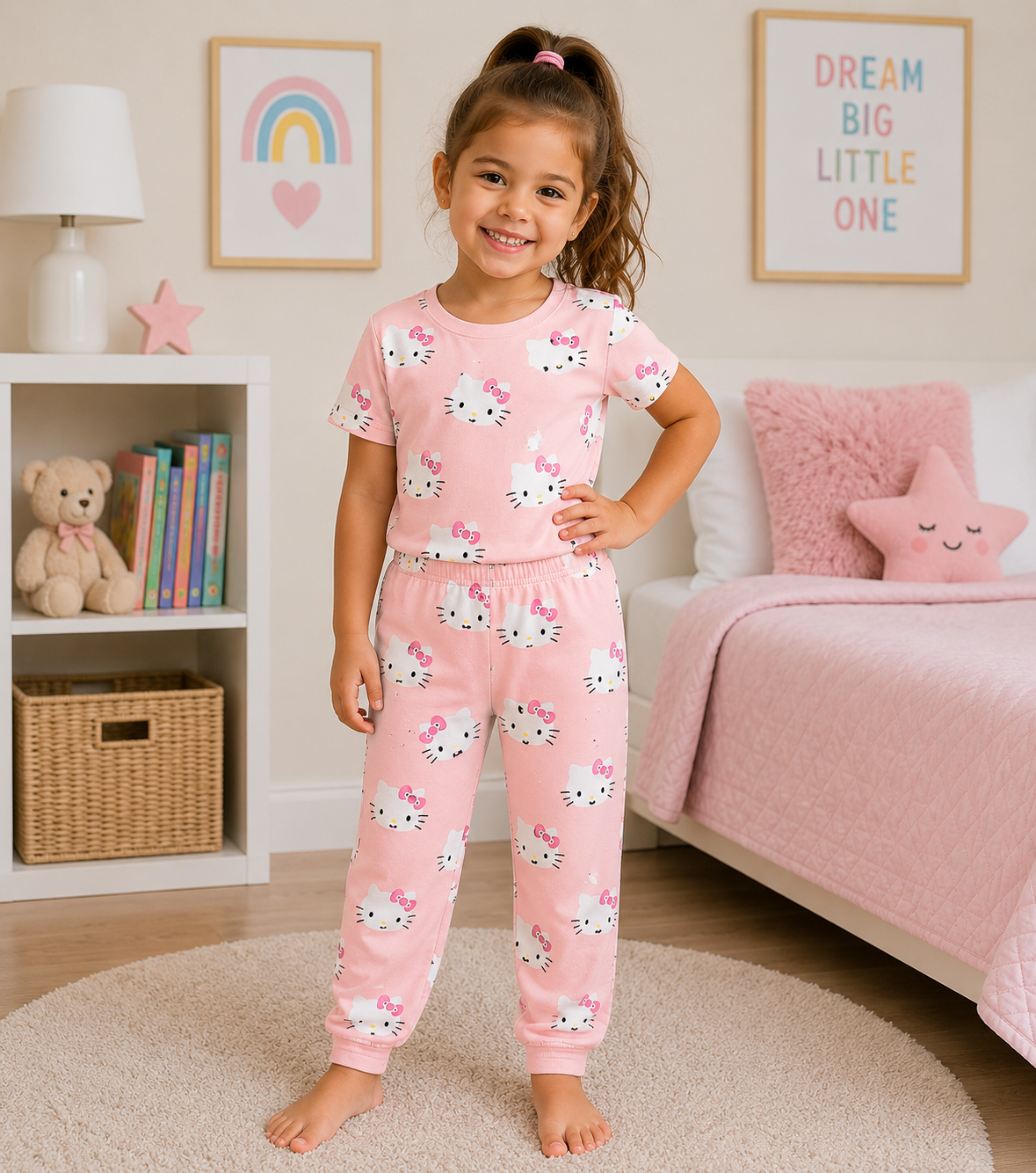 Pink Cute Kitty Print Girls T-Shirt & Pant Set