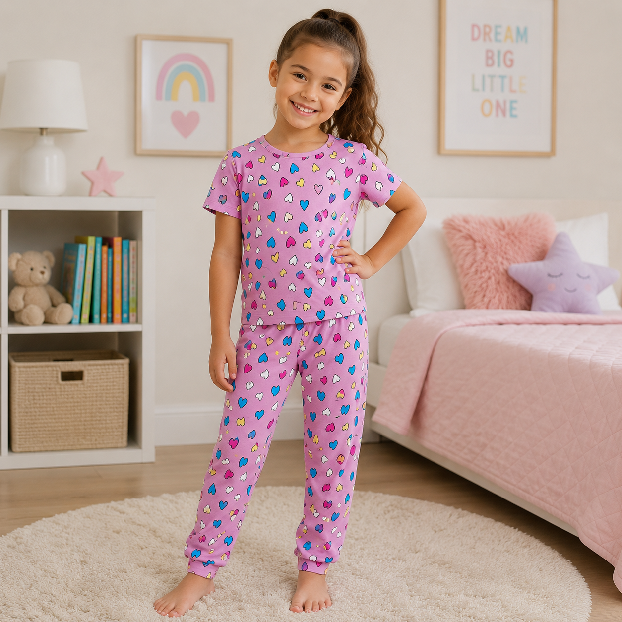 Pink Multicolour Heart Print Girls T-Shirt & Pant Set