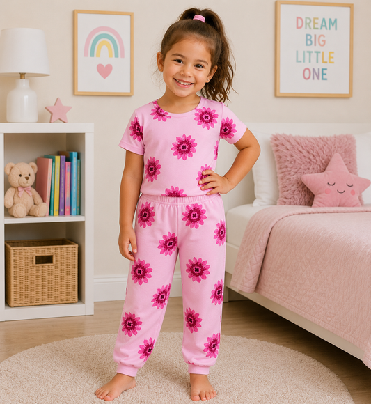 Pink Floral Print Girls T-Shirt & Pant Set