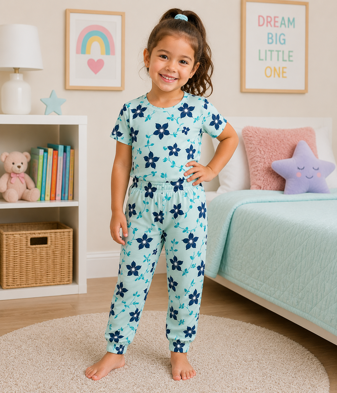 Aqua Blue Floral Print Girls T-Shirt & Pant Set