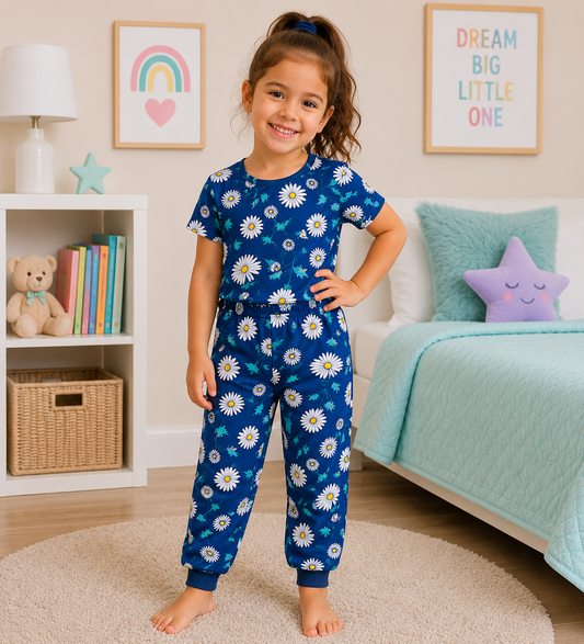 Navy Blue Daisy Print Girls T-Shirt & Pant Set