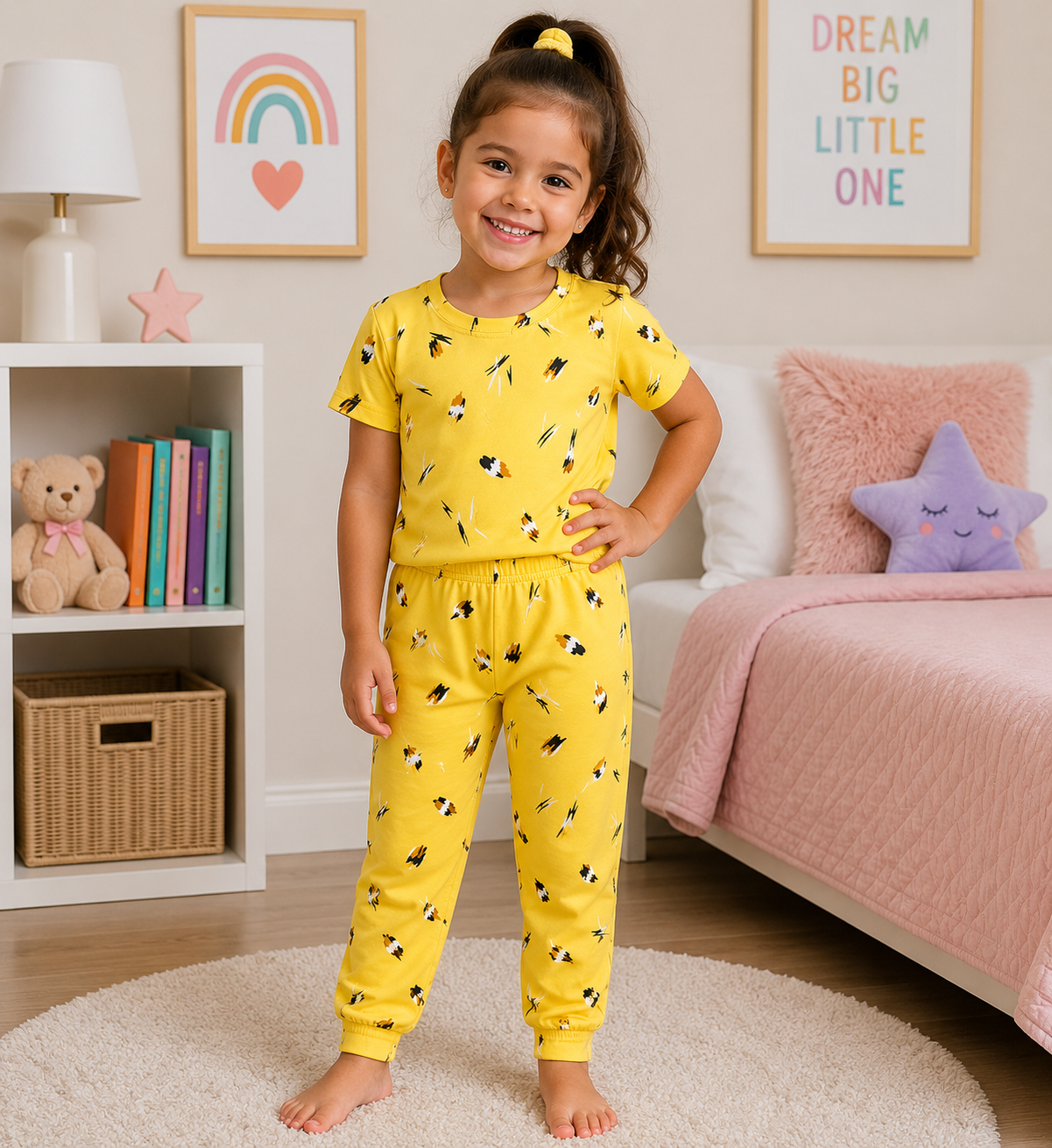 Yellow Abstract Print Girls T-Shirt & Pant Set
