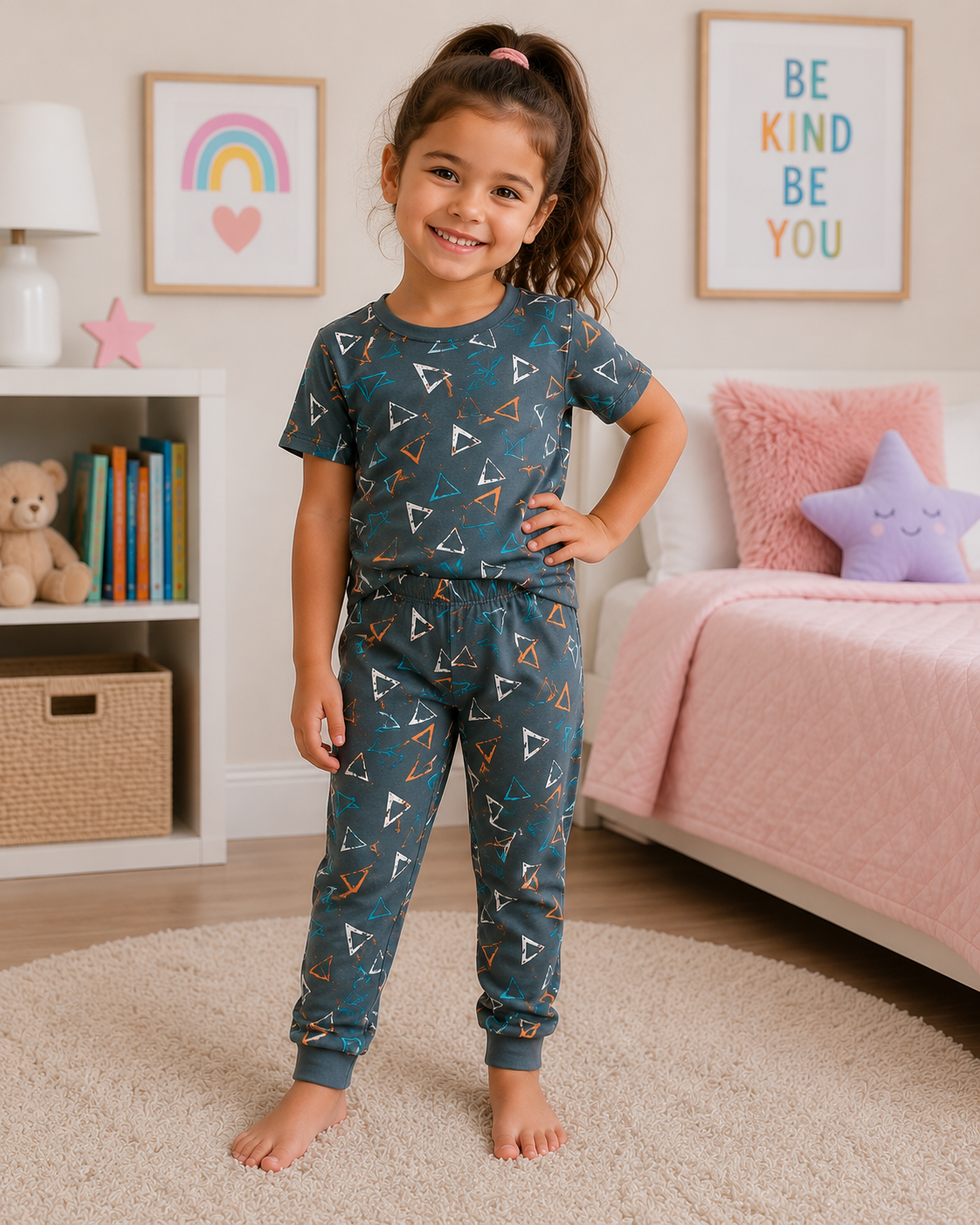 Charcoal Geometric Print Girls T-Shirt & Pant Set