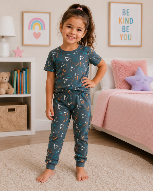 Charcoal Geometric Print Girls T-Shirt & Pant Set