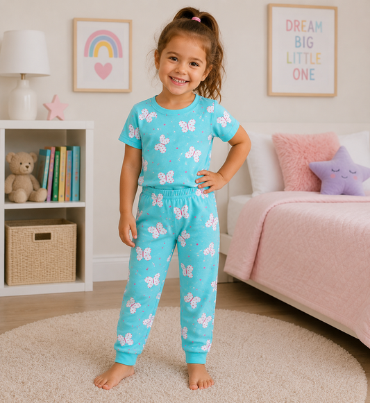 Aqua Butterfly Print Girls T-Shirt & Pant Set